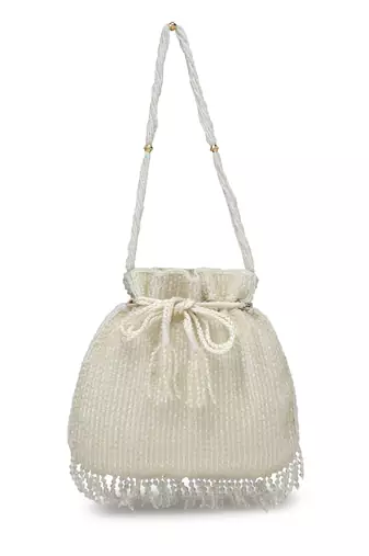 dangle white & silver striped embellished faux silk potli