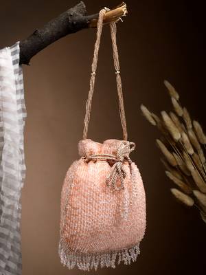 dangle coral & gold striped embellished faux silk potli 1