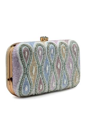 adorn white & pastel multi ogee embellished fabric clutch 5