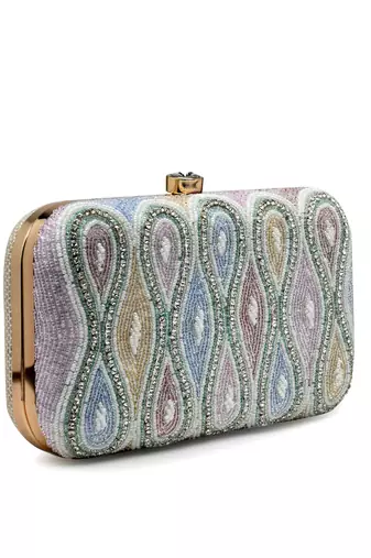 adorn white & pastel multi ogee embellished fabric clutch