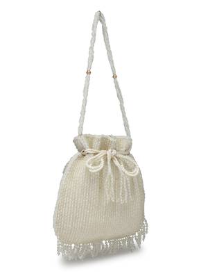 dangle white & silver striped embellished faux silk potli 5