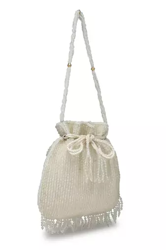 dangle white & silver striped embellished faux silk potli