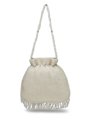 dangle white & silver striped embellished faux silk potli 6