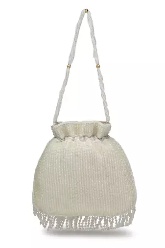 dangle white & silver striped embellished faux silk potli