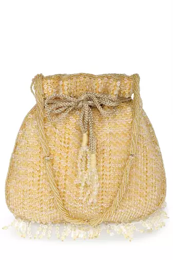 dangle gold striped embellished faux silk potli