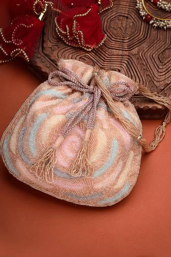 dangle coral blossom & pastel multi rose embellished faux silk potli