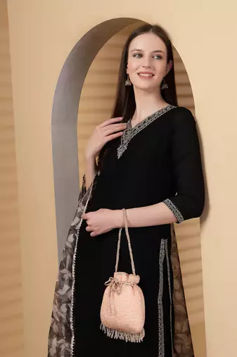 dangle coral & gold striped embellished faux silk potli