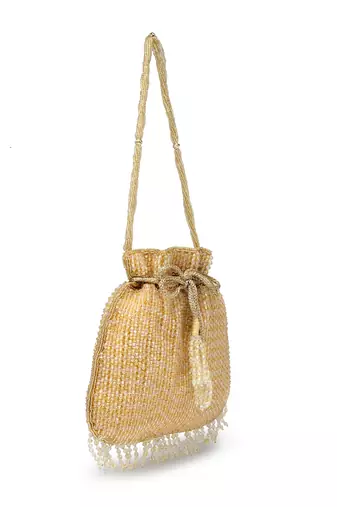 dangle gold striped embellished faux silk potli