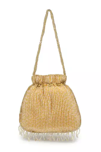dangle gold striped embellished faux silk potli