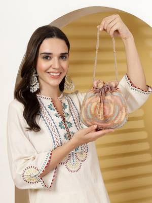dangle coral blossom & pastel multi rose embellished faux silk potli 3