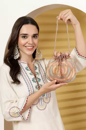 dangle coral blossom & pastel multi rose embellished faux silk potli