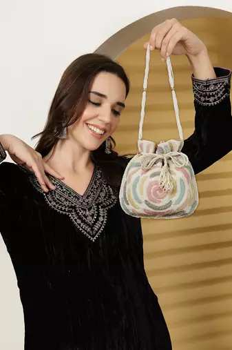 dangle white & pastel multi rose embellished faux silk potli