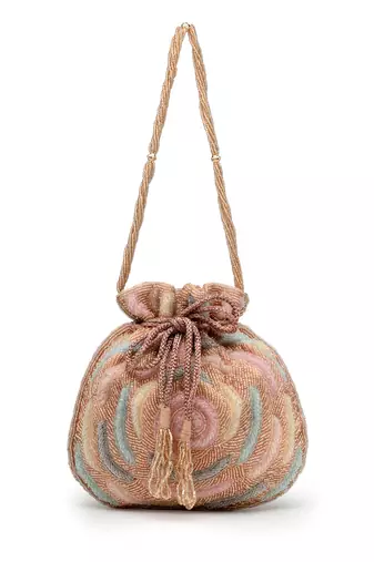 dangle coral blossom & pastel multi rose embellished faux silk potli