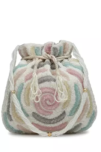 dangle white & pastel multi rose embellished faux silk potli
