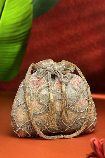 dangle gold & pastel multi vermicular embellished faux silk potli