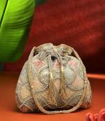 dangle gold & pastel multi vermicular embellished faux silk potli