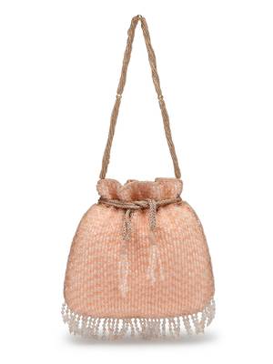 dangle coral & gold striped embellished faux silk potli 4