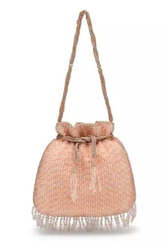 dangle coral & gold striped embellished faux silk potli