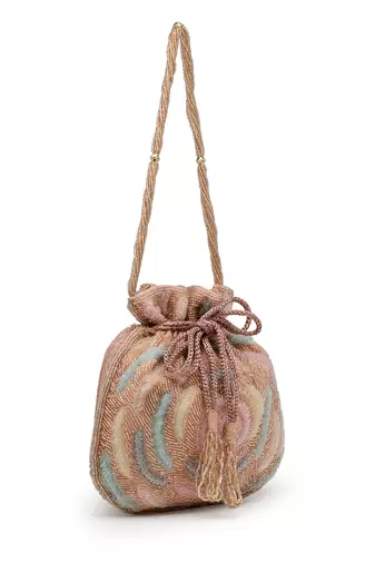 dangle coral blossom & pastel multi rose embellished faux silk potli
