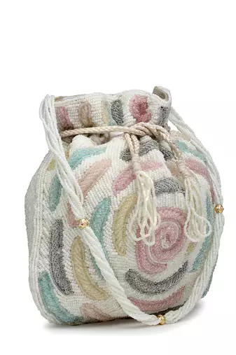 dangle white & pastel multi rose embellished faux silk potli