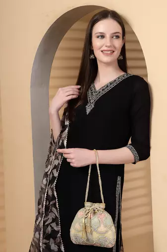 dangle gold & pastel multi vermicular embellished faux silk potli