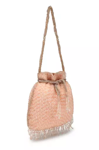 dangle coral & gold striped embellished faux silk potli