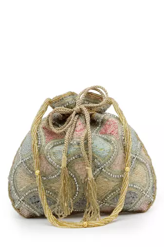 dangle gold & pastel multi vermicular embellished faux silk potli