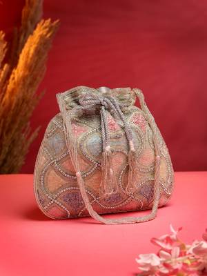 dangle silver & pastel multi vermicular embellished faux silk potli 1
