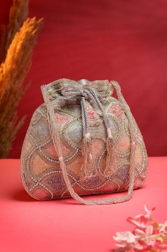 dangle silver & pastel multi vermicular embellished faux silk potli