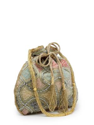 dangle gold & pastel multi vermicular embellished faux silk potli 5