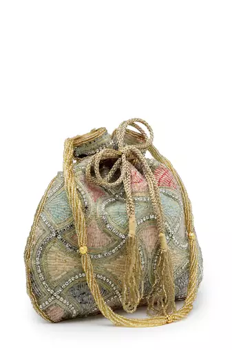 dangle gold & pastel multi vermicular embellished faux silk potli