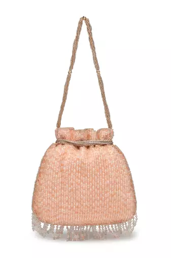 dangle coral & gold striped embellished faux silk potli