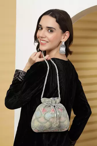 dangle silver & pastel multi vermicular embellished faux silk potli