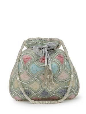 dangle silver & pastel multi vermicular embellished faux silk potli 4