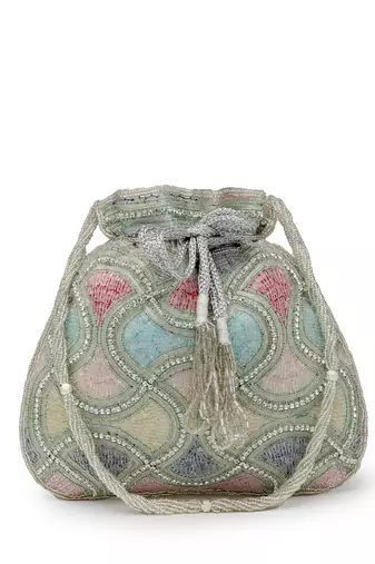 dangle silver & pastel multi vermicular embellished faux silk potli
