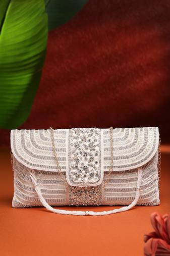 Anekaant adorn white & gold stone work embellished faux silk clutch