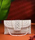 adorn white & gold stone work embellished faux silk clutch