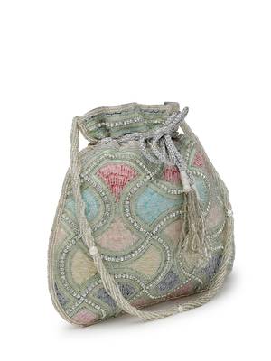 dangle silver & pastel multi vermicular embellished faux silk potli 5