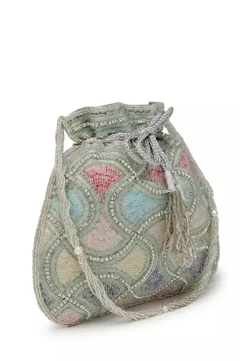 dangle silver & pastel multi vermicular embellished faux silk potli