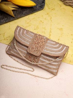 adorn rose gold & pink stone work embellished faux silk clutch 1