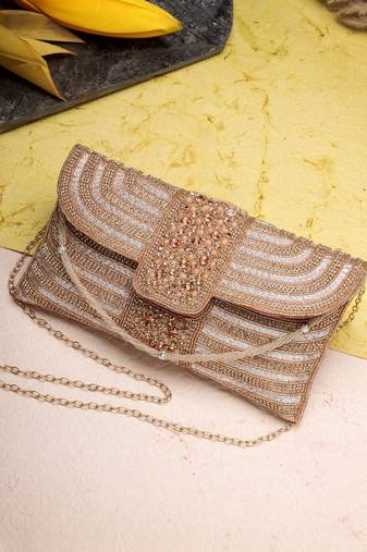 Anekaant adorn rose gold & pink stone work embellished faux silk clutch