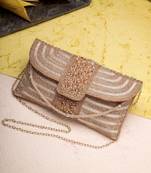adorn rose gold & pink stone work embellished faux silk clutch