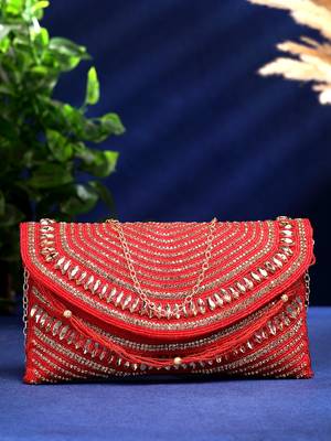 adorn red & gold stone work embellished faux silk clutch 1
