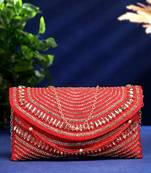 adorn red & gold stone work embellished faux silk clutch