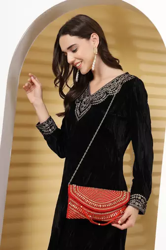adorn red & gold stone work embellished faux silk clutch