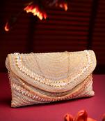 adorn champagne & gold stone work embellished faux silk clutch