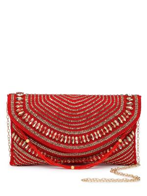 adorn red & gold stone work embellished faux silk clutch 4