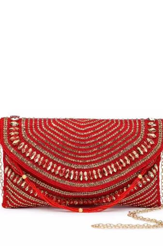 adorn red & gold stone work embellished faux silk clutch