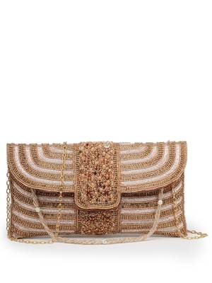 adorn rose gold & pink stone work embellished faux silk clutch 4