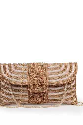 adorn rose gold & pink stone work embellished faux silk clutch